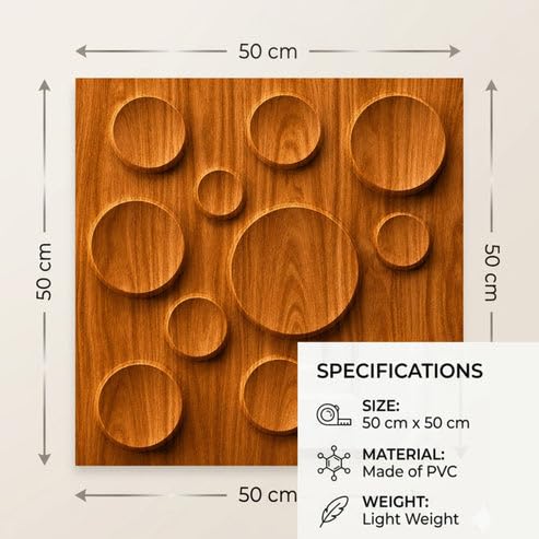 Image of Kayra Decor 3D PVC Wall Panels for Bedroom & Living Room | Moon Design | Teak Wood Color | 19.7 x 19.7 Inch | Pack of 18 | 42.48 Sq Ft