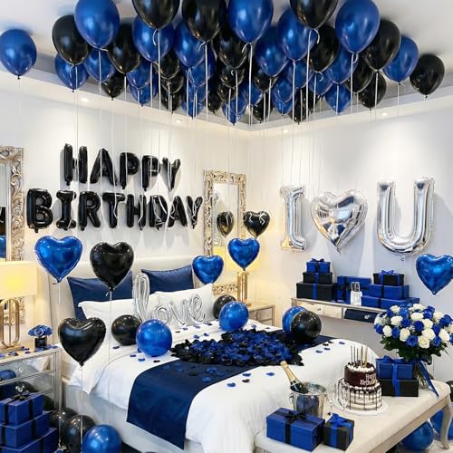 Blue Black Silver Balloons with I LOVE YOU & HAPPY BIRTHDAY Foil Balloons & Rose Petals for Romantic Special Night Anniversary Valentine Day Birthday Decorations for Him Bedroom Hotel Room