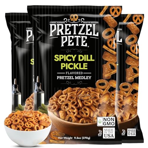 Pretzel Pete Spicy Dill Pickle Flavored Pretzel Medley, Non-Gmo Ingredients, Small Batch, Bold Flavor, 9.5Oz (Pack Of 3)