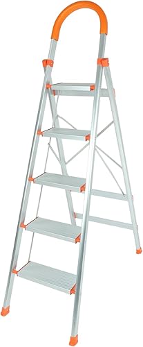 SUPERFASTRACING Taburete plegable de aluminio multiusos de 5 pasos, pasamanos de goma antideslizante, escalera portátil para el hogar