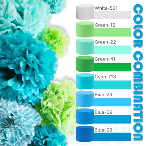 Image of PartyWoo Light Blue Crepe Paper Streamers 8pcs 656ft Pack of Slate Blue Beige White Green Crepe Paper Streamers for Birthday Gender Reveal Baby Shower Mermaid Under The Sea Party Decorations