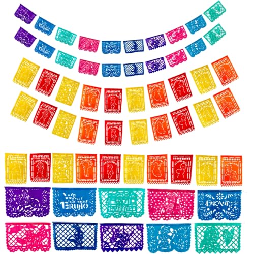 50 Ft Papel Picado Mexicano para Fiesta with Encanto Movie Scenes and Magic Doors (12.5 FT x 4) Set of 4 Papel Picado Plastico Mexican Party Decorations, Encanto Birthday Party Supplies, Mexican theme Party Decorations