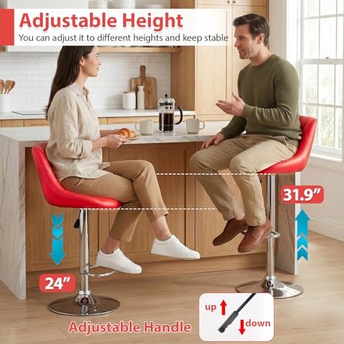 Butacos de Barra Ajustables con Giro de 360°, Asiento Tapizado en Cuero Sintético y Soporte para Pies, Juego de 2 (Rojo Brillante) miniatura 4