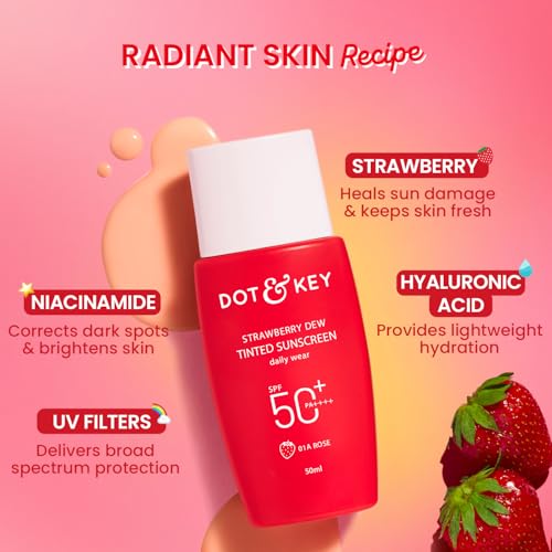 Image of Dot & Key Strawberry Dew Tinted Sunscreen In-Vivo Tested SPF 50+ PA++++ With New-Age UV Filters, Brightens & Protects Skin, Ultra-light, Blends Easily, With Niacinamide, Natural Finish, Non-Sticky | 50ml