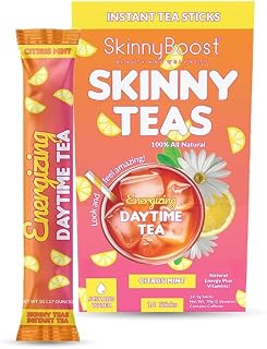 Skinny Teas Instant Tea Sticks – Energizing Daytime Tea – 14 Ct – Black & Green Tea with Garcinia Cambogia, Inulin, Vitamin C, B Vitamins & Folate – Clean Energy Boost (Citrus Mint)