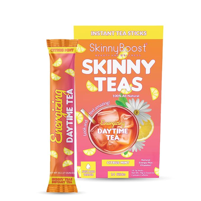 Skinny Teas - Palitos de té instantáneo, té energizante durante el día, 14 unidades, té negro y verde con Garcinia cambogia, inulina, vitamina C,