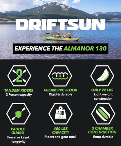 Driftsun Almanor Inflatable Kayak - Inflatable White Water Kayak - 1 and 2 Person Kayaks for Adults with EVA Padded Seats, High Back Support, Paddles, Pump (1 Person, 2 Person, 2 Plus 1 Child)