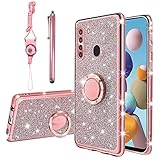 KuDiNi for Samsung Galaxy A21 Case for Women Glitter Crystal Soft Clear TPU Luxury Bling Protective Cover with Kickstand Strap for A21 (Glitter Rose)