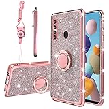 KuDiNi for Galaxy A21 Phone Case, Samsung Galaxy A21 Case for Women Glitter Crystal Soft Clear TPU Luxury Bling Cute Protective Cover with Kickstand Strap for Samsung Galaxy A21 (Glitter Rose)