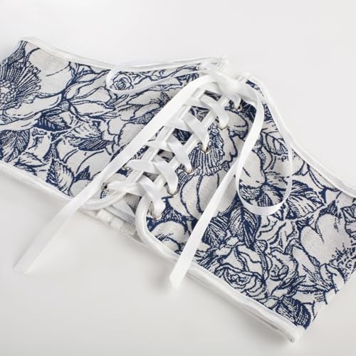 Image of Scarlet Darkness Corset Belt for Women Renaissance Lace up Corset Floral Wide Waist Belts White Blue Floral Size 8
