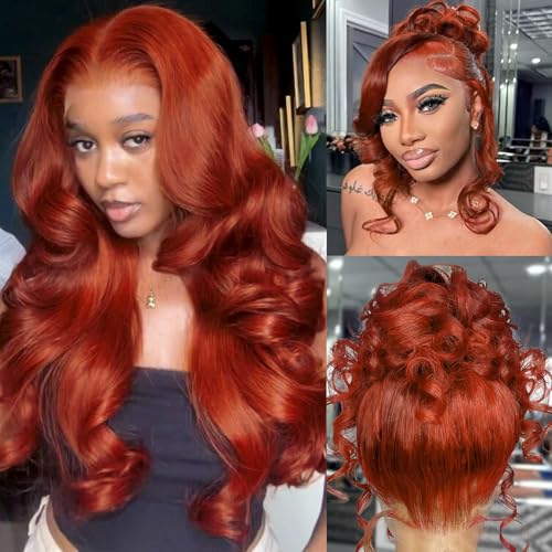 Auburn 360 Lace Front Wigs Human Hair Invisi Strap Reddish Brown 360 Glueless Wigs Human Hair with Drawstring 200 Density Pre Plucked 33 Colored Body Wave Lace Frontal Wig 20 Inch