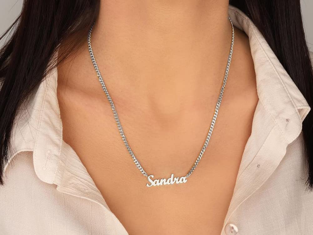 TinyName Custom Name Necklace Personalized 18K Plated Nameplate Customized Jewelry Gift for Women: Horizontal Name Necklace-Curb Chain