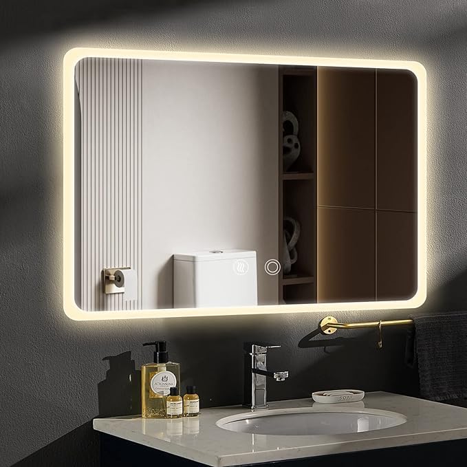 Amazon.com: Rucci Large LED Vanity Bathroom Mirror, 48 x 36 Inch, Wall Mounted Bathroom Mirror, Anit-Fog, Dimmable, Touch Sensor Switch Control, AC Plugin with 3 Colored LED Lights - M1006 : Home & Kitchen