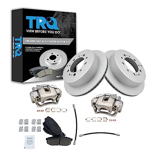Image of TRQ Rear Brake Pad and Rotor Set Ceramic G Coated Rotors Calipers Hoses Compatible with 2013-2015 Lexus LX570 Land Cruiser