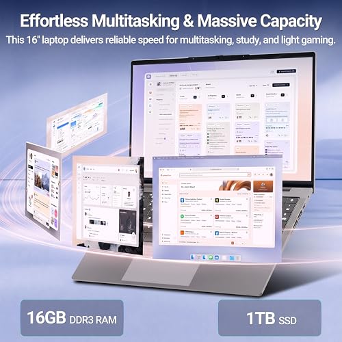 Image of Laptop, 16'' Laptop Computer with Core i5-8210Y Processor, 16GB RAM 1TB SSD, 2026 Laptops 180Opening with Backlit Keyboard, UHD Graphics, 1920 x 1200 FHD, Win 11 Pro Lap Top for Student Light Gaming
