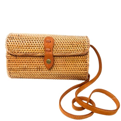 como sato Rattan Tasche Wallet braun mit langem Leder Riemen...