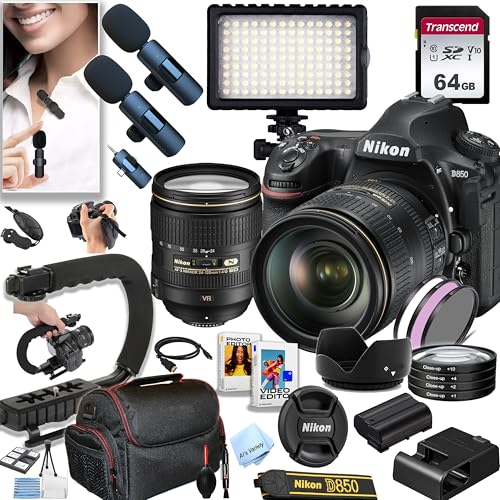 Nikon D850 DSLR Camera with 24-120mm f/4G ED VR Lens | 45.7 MP | 4K UHD + 64GB Memory,Wireless Lavalier Microphones, 126 LED Light, Case, U-Grip, and More (34pc Bundle) (Renewed)