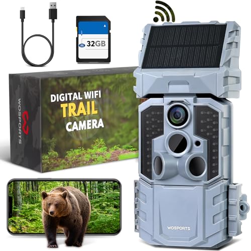 WOSPORTS WiFi Trail Camera with 7800mAh Rechargeable Solar Panel,Cell Phone App,Real 33MP 1296P Bluetooth 2.0''LCD Game Camera,0.1s Trigger Trail Cam with Night Vision,IP66 120°Cam Lens for Monitoring - WOSPORTS