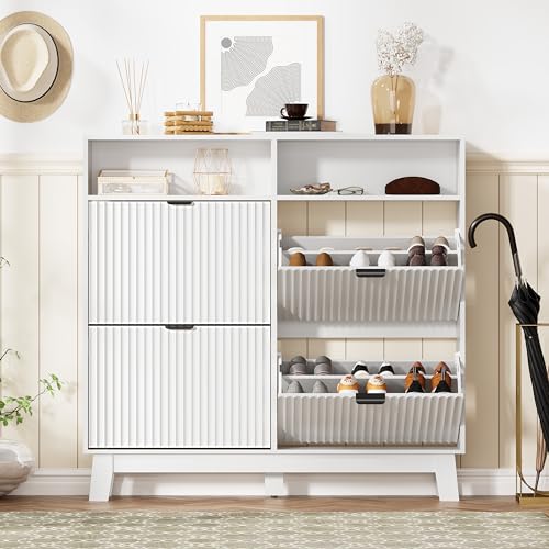 Image of Shoe Cabinet Storage for Entryway with 4 Flip Drawers, Fluted Narrow Shoe Organizer with Wooden Legs & Top Cubby, Freestanding Slim Shoe Storage Hidden Shoe Rack for Front Door Entrance, White