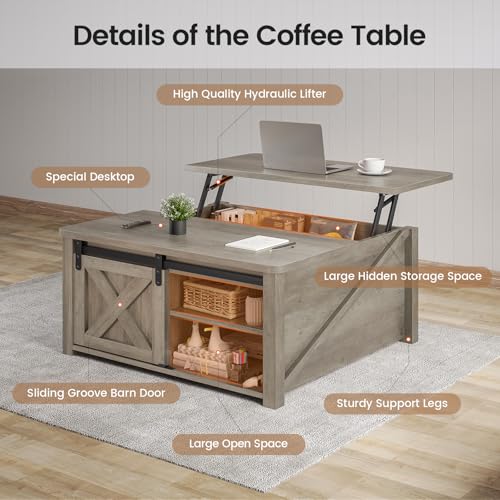 Image of SEDETA 31.5 inch Lift Top Coffee Table with Storage, Square Coffee Tables for Living Room, Farmhouse Coffee Table with Large Hidden Storage Compartment and Adjustable Shelves, Grey