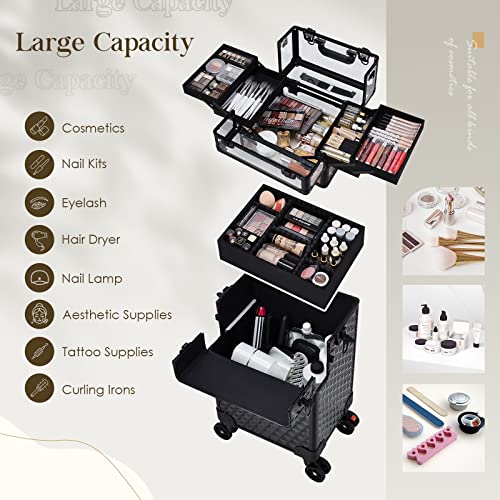 Yueieoun Professional Rolling Makeup Case, 3 in 1 Train Case on Wheels Large Makeup Trolley Salon Barber Traveling Trunk Suitcase for Cosmetology School Nail Tech Hairstylist MUA, Acrylic Black - Thumbnail 2