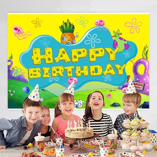 Image of H-M Cartoon Sponge Photography Backdrop for Birthday Decoration, Shower Photography Banner Decoration, Non-Reflective Matte Material (5x3ft)