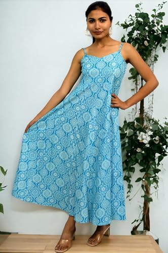 Image of JAIPUR HAND BLOCK Cotton Sleeveless Long Flared A Line Dress|Gown (S00063)