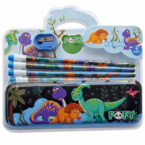 Kit Escolar Infantil Dino Estojo de Metal Completo com 6 Peças 4 Lápis de Escrever HB com Borracha e 1 Apontador para Meninos e Meninas Conjunto para Desenho e Escrita Presente