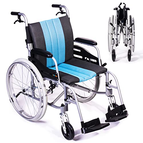 Hi-Fortune Lightweight Wheelchair 21Lbs Self-Propelled Magnesium Chair With Travel Bag And Cushion, Portable And Folding 17.5” W Seat, Brake, Anti-Tipper, Swing-Away Footrests, 220Lbs Weight Capacity #TOP8