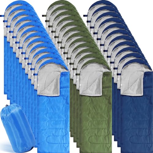 Junkin 12/36 Pcs Camping Sleeping Bag Bulk for Adults Homeless 4 Season Cold Warm Weather Sleeping Bags Waterproof Lightweight with Compression Sack for Hiking Travel Outdoor(Green, Cyan, Blue,12 Pcs)