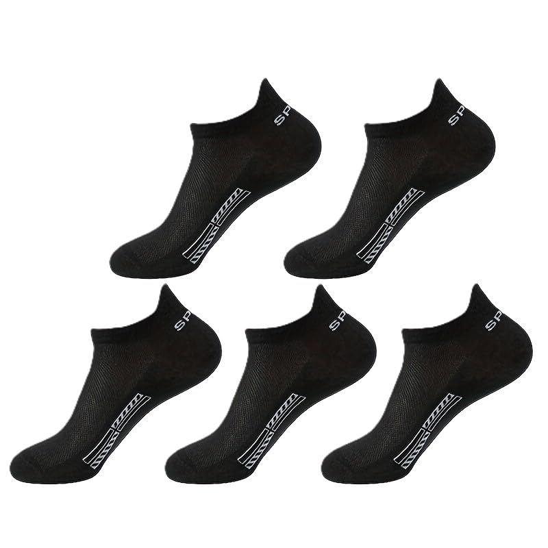 Athletic No Show Socks, Low Cut Ankle Design, Unisex, Breathable Mesh, Comfortable Polyester Blend, Low-Cut Invisible Socks with Arch Support for Sports & Outdoor Activities, Black, 5 Pairs