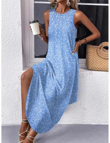 Image of Zeagoo Women's Summer Floral Sundress, Light Blue, Size Large, Patterned, Sleeveless, Calf Length, Casual, Adult Women