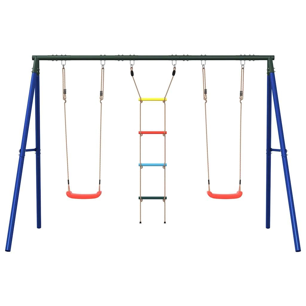 Juego de 2 columpios y escalera de tejer, estructura de acero lacado, 273,5 x 185 x 185 cm, juguete de jardín para niños, zona de juegos en el jardín, promueve la motricidad y el movimiento