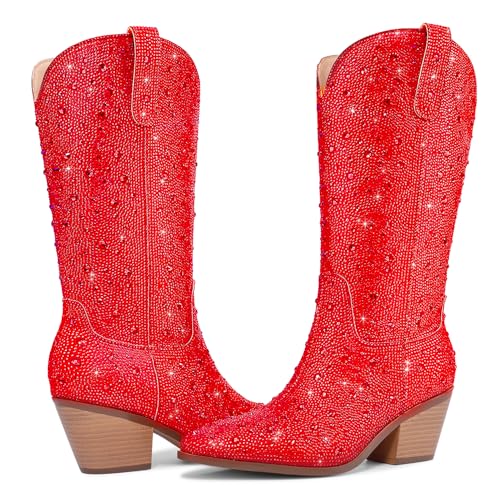 Image of Cowgirl Ankle Boots Cowboy Boots for Women Western Booties Rhinestone Chunky Heel Fashion Comfortable Side Zipper