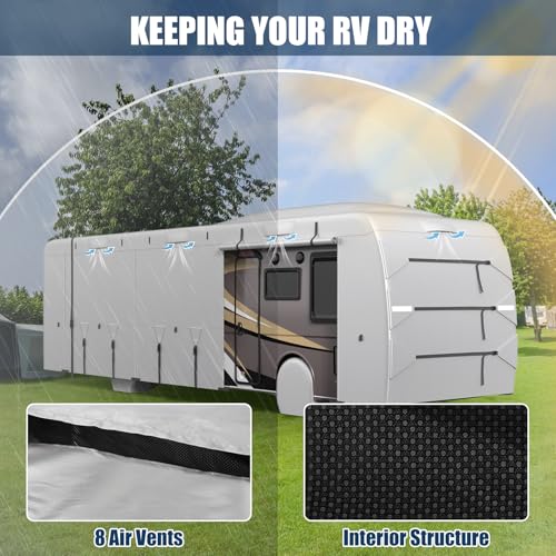 Mofeez Class A RV Covers 31-34 Ft, 420D Oxford Fabric Class A Motorhome Cover, Waterproof Windproof Anti-UV Anti-Tear Motorhome Camper Cover with 2Pcs Extra Straps & 4 Tire Covers - Image 2