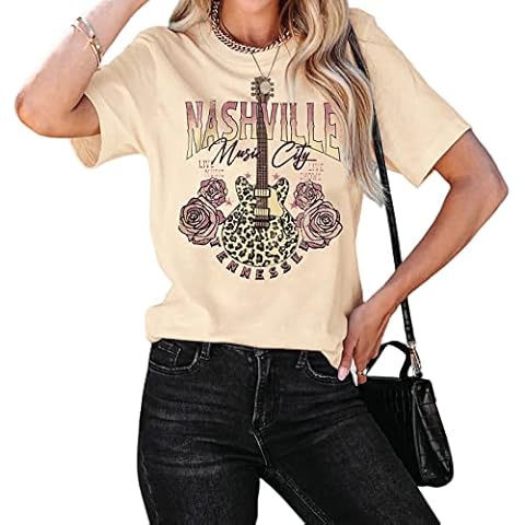 GLIGLITTR Women's Nashville Tshirt Rose Leopard Bass Guitar Graphic Tee Tennessee Country Concert Rock and Roll Vintage Tops(Apricot,Medium) Cover