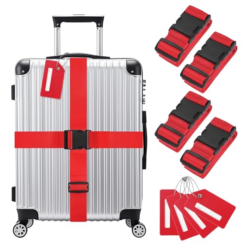 Image of M METERXITY 4-Sets Luggage Straps TSA Approved, Travel Straps for Luggage Suitcase Tags Set, Adjustable Suitcase Belt [Red]