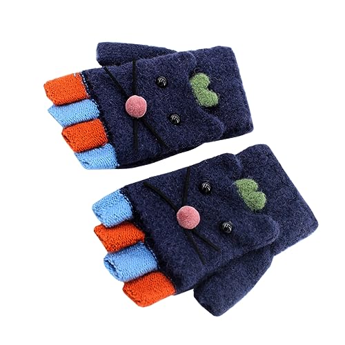 1pair Cute Cartoon Half Finger Gloves for Boy Girl Warm Knitted Mitts Cover for Outdoor Activities for School Cycling and More Cat Design