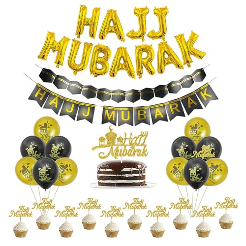 Hajj Mubarak Party Decoration Foil Balloons Cake Cupcake Toppers - Gold
