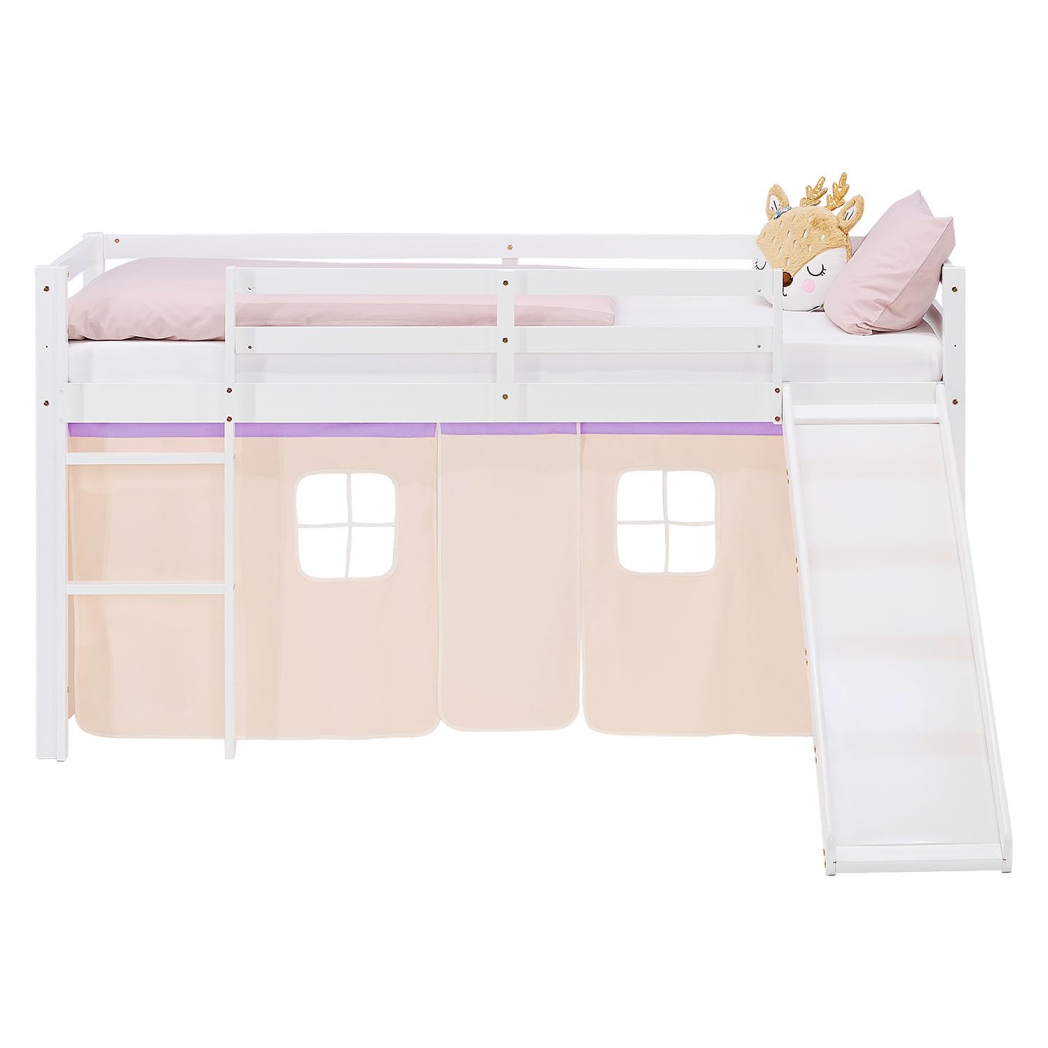 Homestyle4u Lit mezzanine avec toboggan - 90 x 200 cm - Blanc - Pour fille - En pin massif - Avec rideau - Violet et beige - Échelle et protection contre les chutes