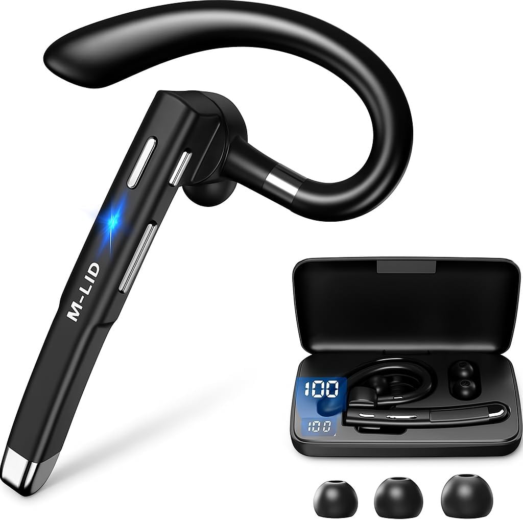 YYK520 Bluetooth 5.4 Wireless Headset with Mic, Noise Cancelling Earpiece, 100H Battery, Rotatable Earhook, Hands-Free Mute Button, IP55 Waterproof Headphone for Driving, Work & Business Calls
