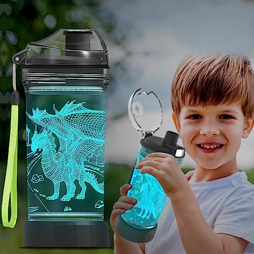 Bouteille d'eau en Tritan sans BPA avec effet veilleuse dragon 3D