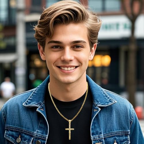 Crucifix Cross Necklace 18k Gold Plated Stainless Steel Cross Pendant Necklace with Jesus 3mm 20" Figaro Chain For Men Women2