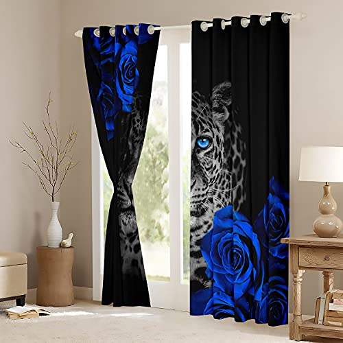 Castle Fairy 3D Leopard Print Curtains For Boys Bedroom,Kids Romantic Blue Floral Room Decor Curtain 84W X 84L Inches,Teens Wild Animals Theme Window Treatments Drapes With Grommets 2 Panels Set #TOP2