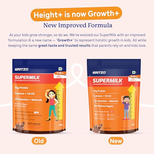 Image of Gritzo SuperMilk Growth+ (10-12y Girl), Double Chocolate, 800g | 12g Protein with 20 Vitamins & Minerals | Zero Refined Sugar