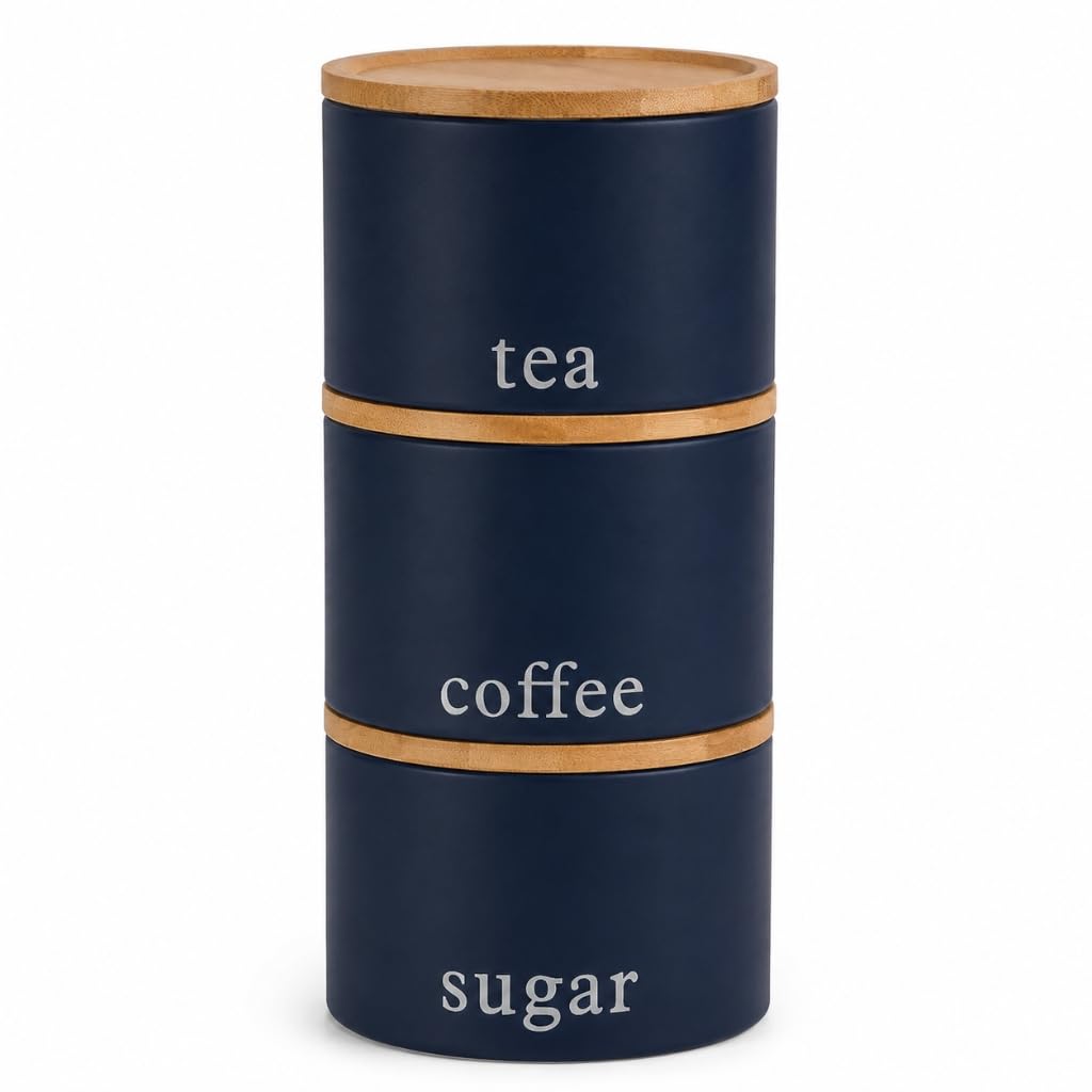 EHC Tea, Coffee, Sugar, Canister Set, Set of 3 Stackable Airtight Food Storage Easy to Open Storage Canisters Jars Tin, Navy Blue
