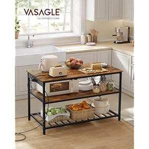 VASAGLE Kitchen Island with 3 Shelves, 47.2 Inches Width Kitchen Shelf with Power Strip, Large Worktop, Stable Steel Structure, Industrial, Easy to Assemble, Rustic Brown and Black UKKI101K01 VASAGLE Kitchen Island with 3 Shelves 472 Inches Width Kitchen Shelf with Power Strip Large Worktop Stable Steel Structure Industrial Easy to Assemble Rustic Brown and Black UKKI101K01