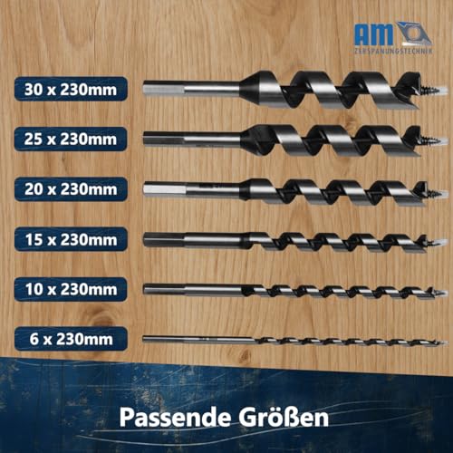 AM-Zerspanungstechnik Schlangenbohrer Set Ø6-30 x 230mm | Holzbohrer Set 6tlg. | Holzbohrer lang 6x230, 10x230, 15x230, 20x230, 25x230, 30x230