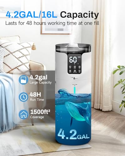 Image of Lacidoll 16L Smart Humidifier large room, Whole house Humidifier for Home 1500 sq.ft with APP /Voice /Remote Control, Ultrasonic Cool Mist Humidifiers for Bedroom, Plants, office with Tube, White