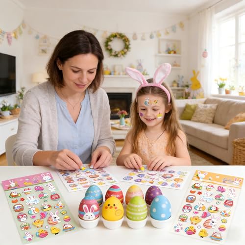 8 Stück 3D Ostersticker Kinder Aufkleber, Aufkleber Ostereier, Osterhase Osterküken Motive, für Osterdeko Ostereier DIY Geschenke